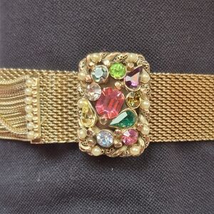 Vintage Gold Tone Mesh Bracelet with Multicolor Rhinestones